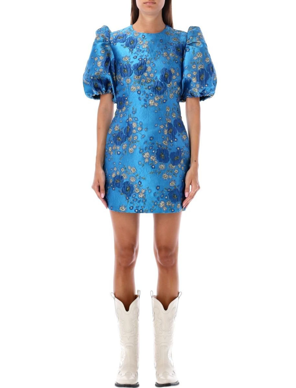 ganni jacquard dress blue Ganni 3D Jacquard Ruffle Midi Dress - Brilliant Blue