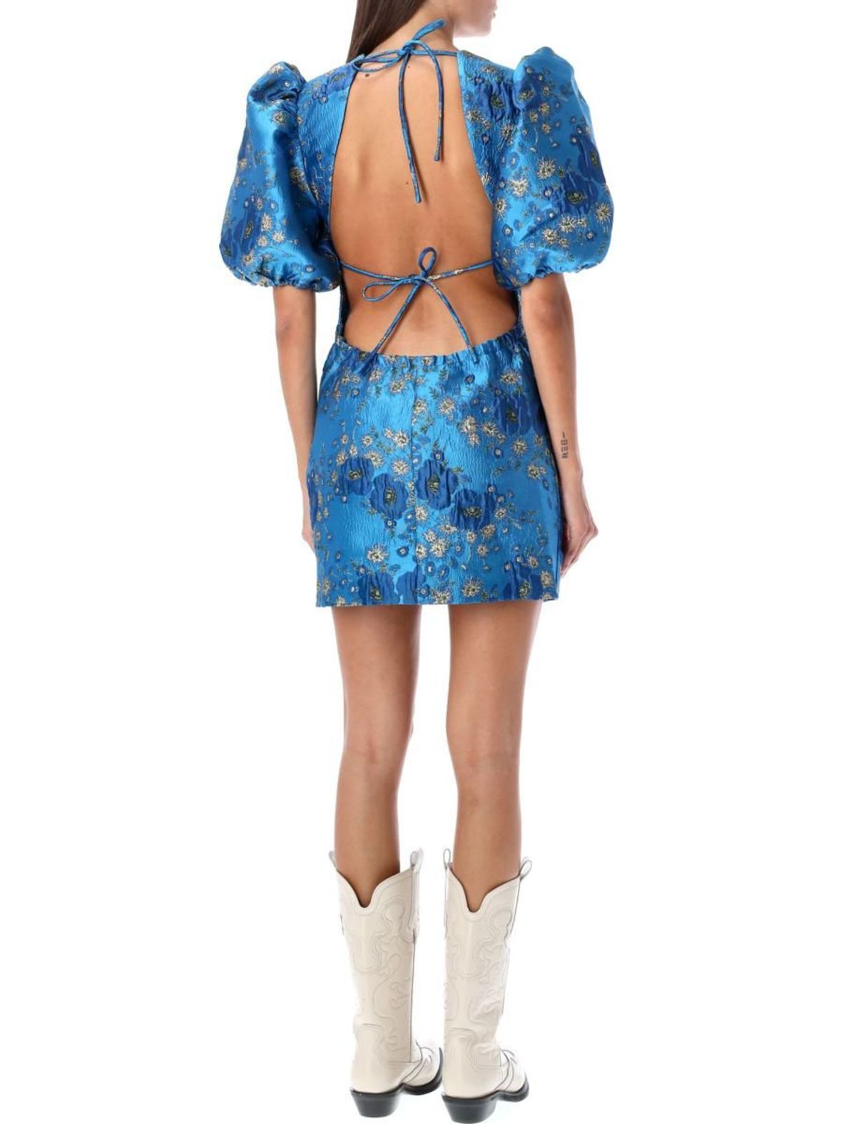 open lace back dress Clea Rue Feathered Jacquard Belted Mini Dress main image 0