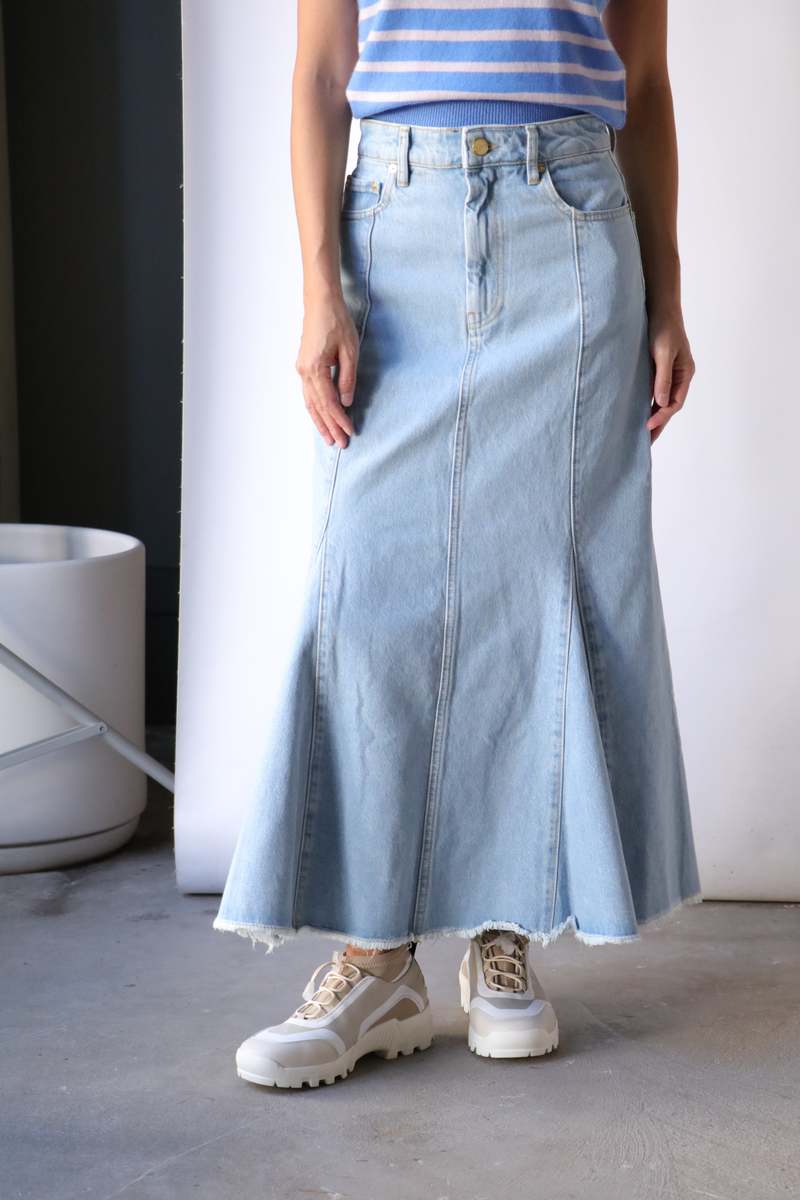 Ganni Bleach Denim Peplum Midi Skirt - Light Blue Stone