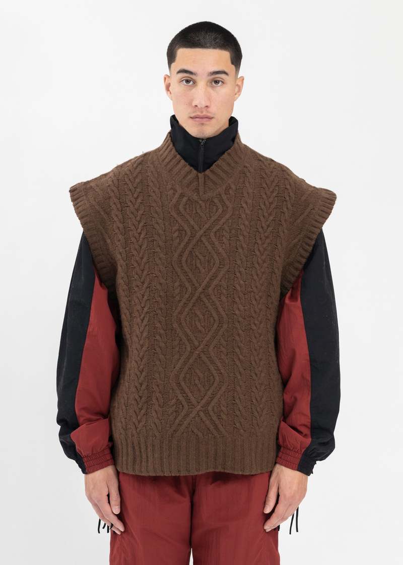 Martine Rose BOILED CABLE V-NECK VEST - CHOCOLATE | Garmentory