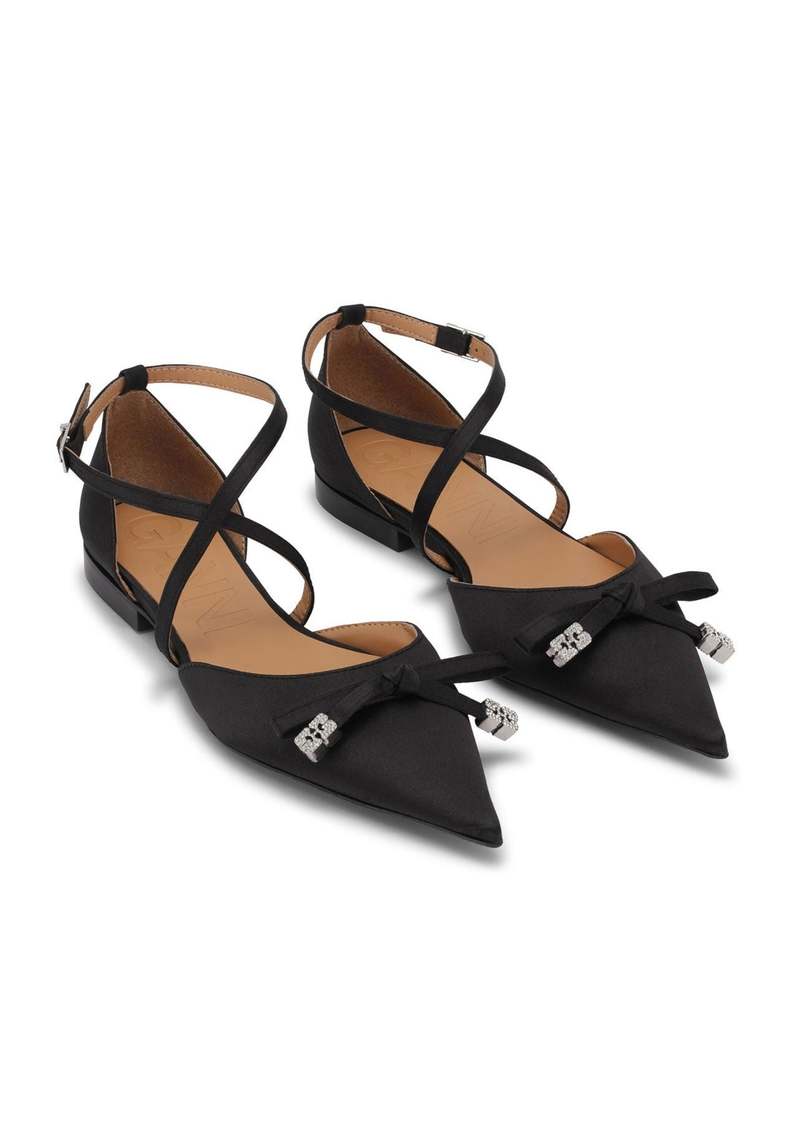 Ganni Satin Butterfly Pointy Cut Out Ballerinas - Black
