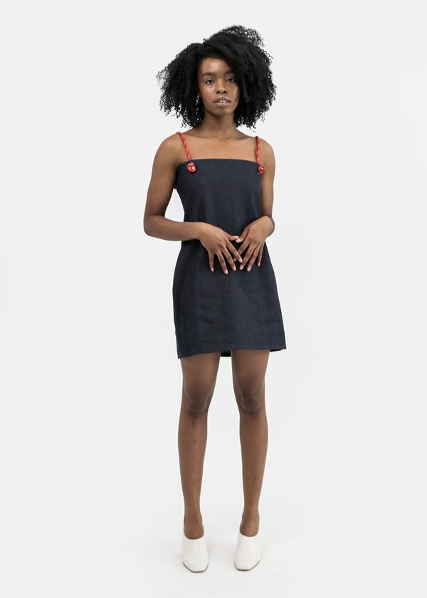 denim dress with rope straps Denim A-Line Short Dress With Tie Straps