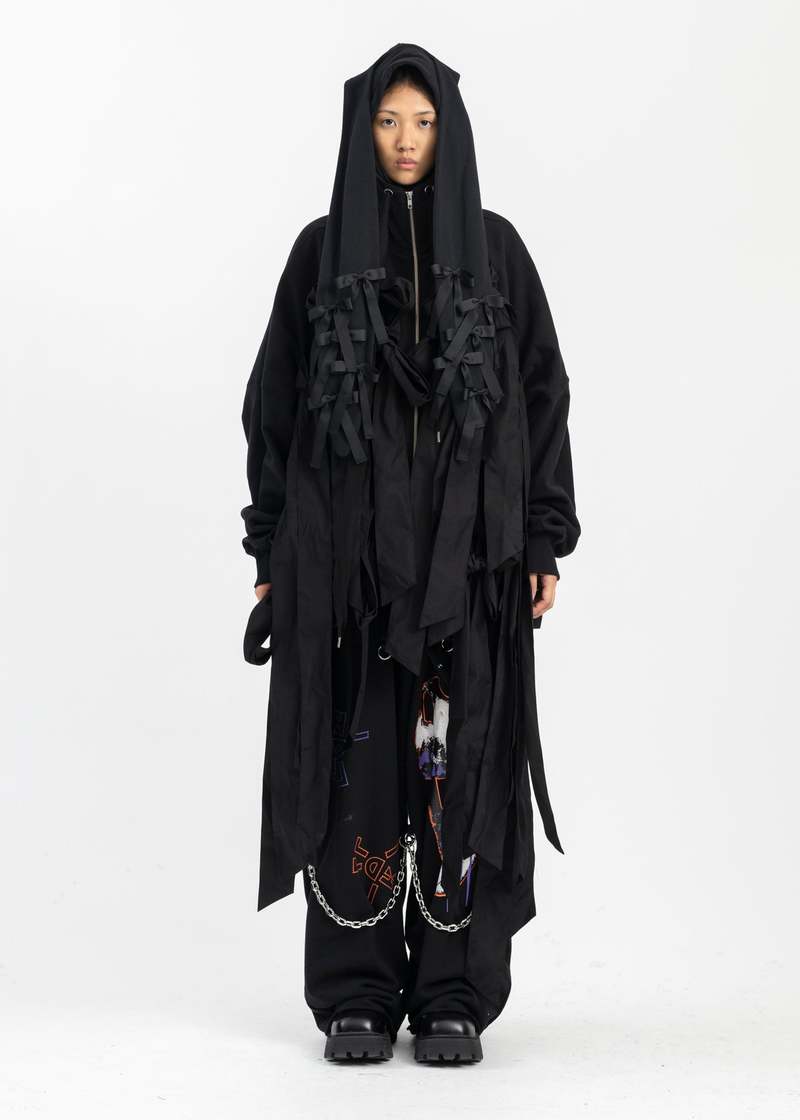 KIDILL / BUNNY RIBBON ZIP PARKA ブラック front ribbon zip parka