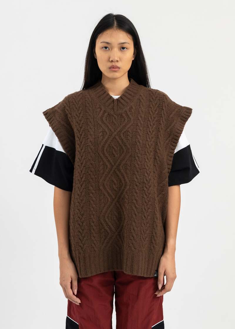 Martine Rose BOILED CABLE V NECK VEST - CHOCOLATE | Garmentory