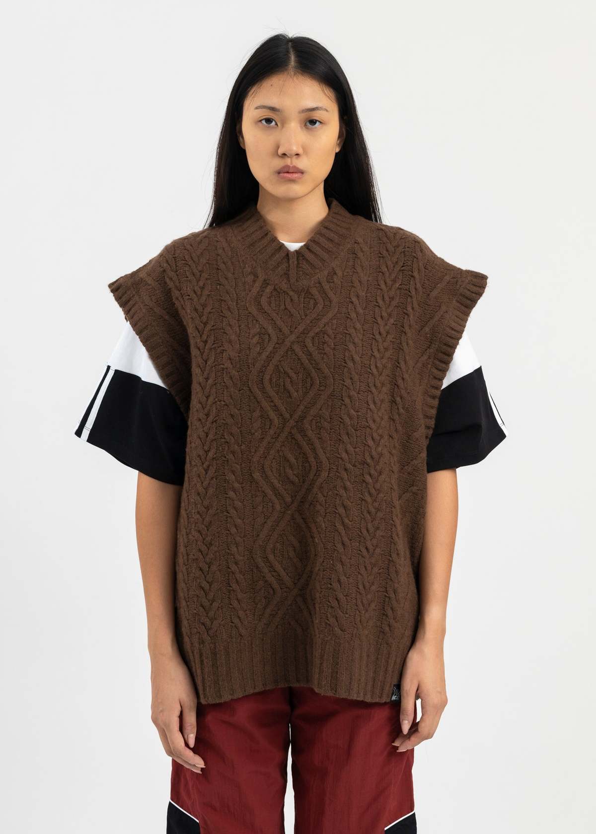 Martine Rose BOILED CABLE V NECK VEST - CHOCOLATE | Garmentory