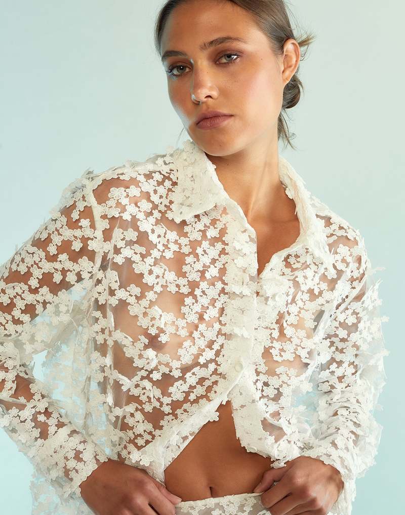 3D Embroidered Tulle Button Down Shirt | Garmentory