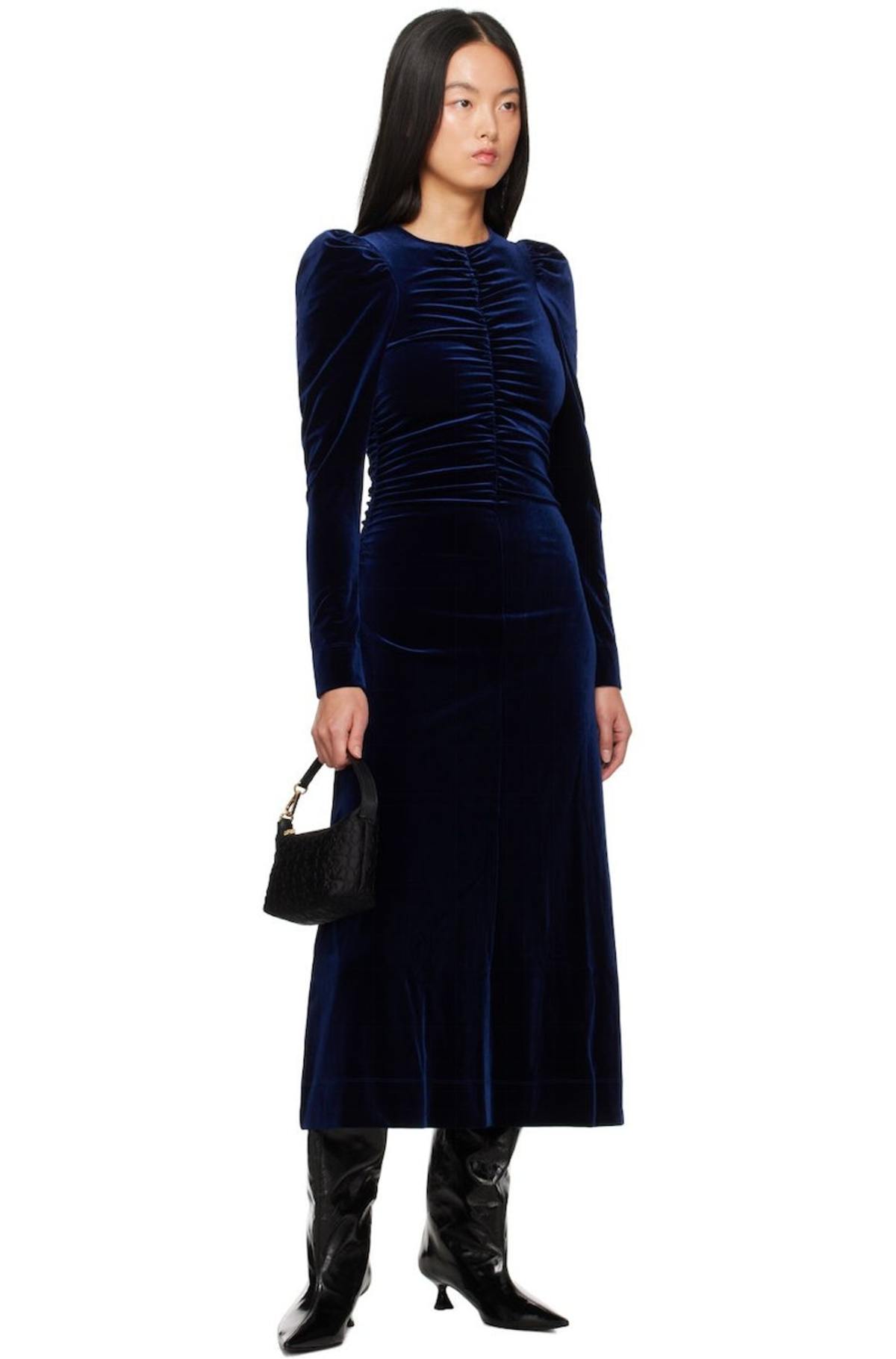 ganni blue velvet dress GANNI Blue Gathered Maxi Dress