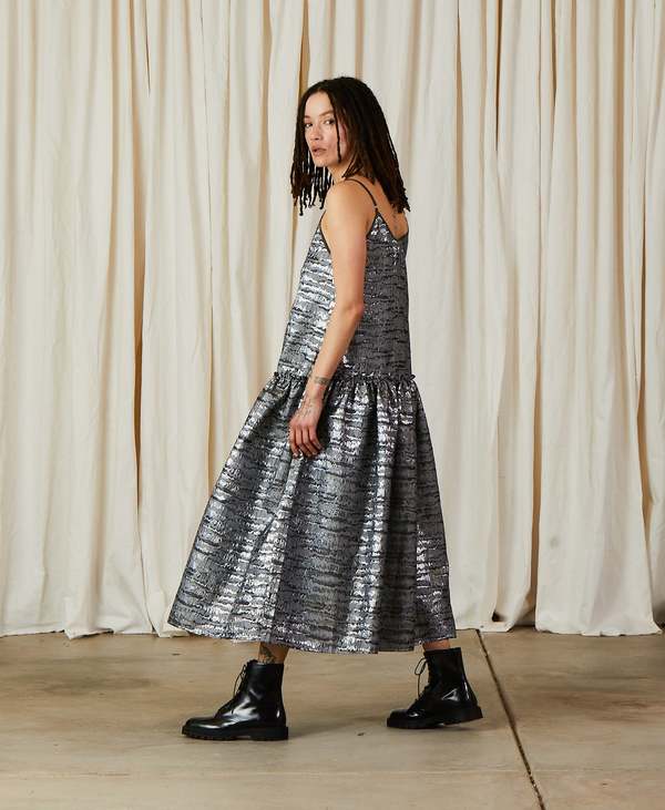 Ali Golden Jacquard Drop Waist Ruffle Dress - Silver | Garmentory