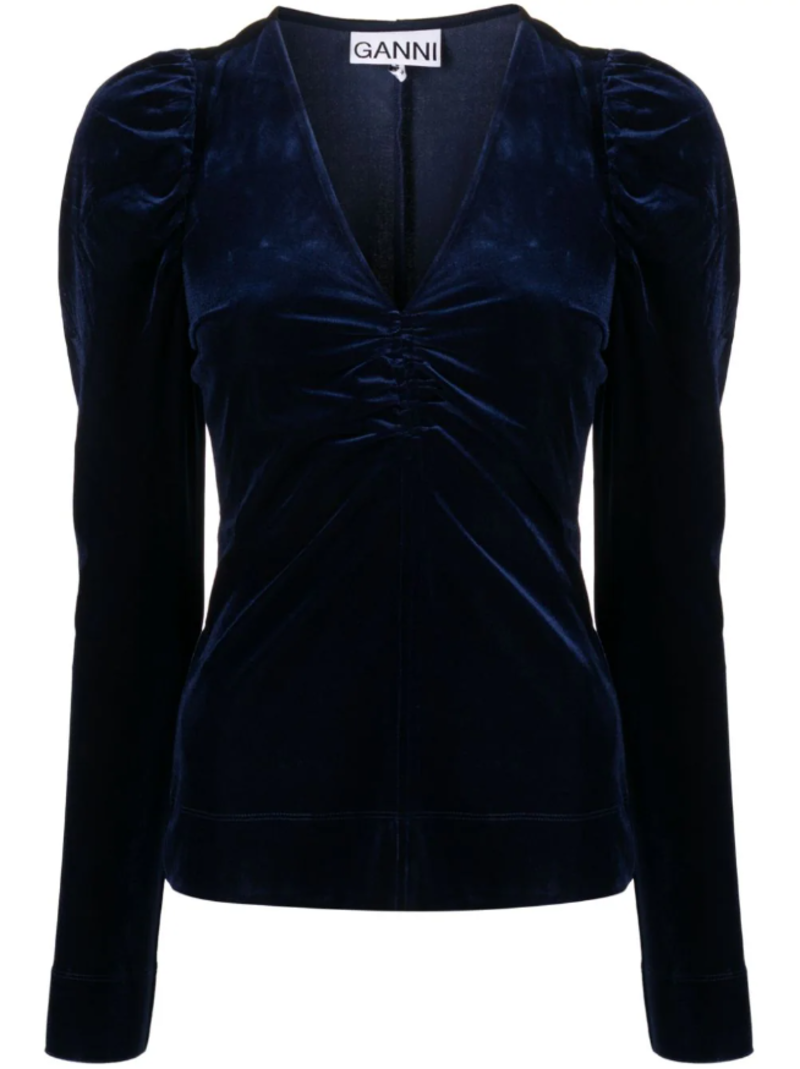 Ganni Velvet Jersey V-Neck Blouse - Eclipse | Garmentory