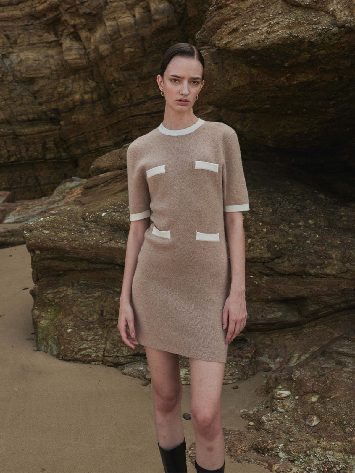 PURECASHMERE NYC Color Block Shortsleeve Dress - Camel | Garmentory