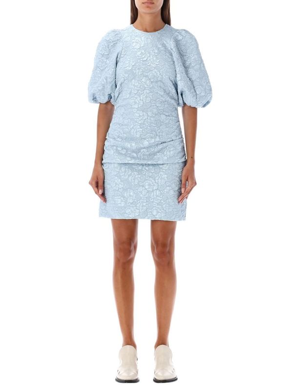 Ganni Stretch jacquard puff sleeves mini dress - SKY BLUE on Garmentory