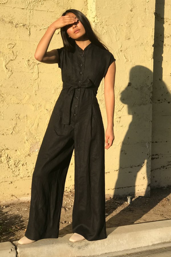 Women Off-White & Grey Striped Mandarin Collar Basic Jumpsuit