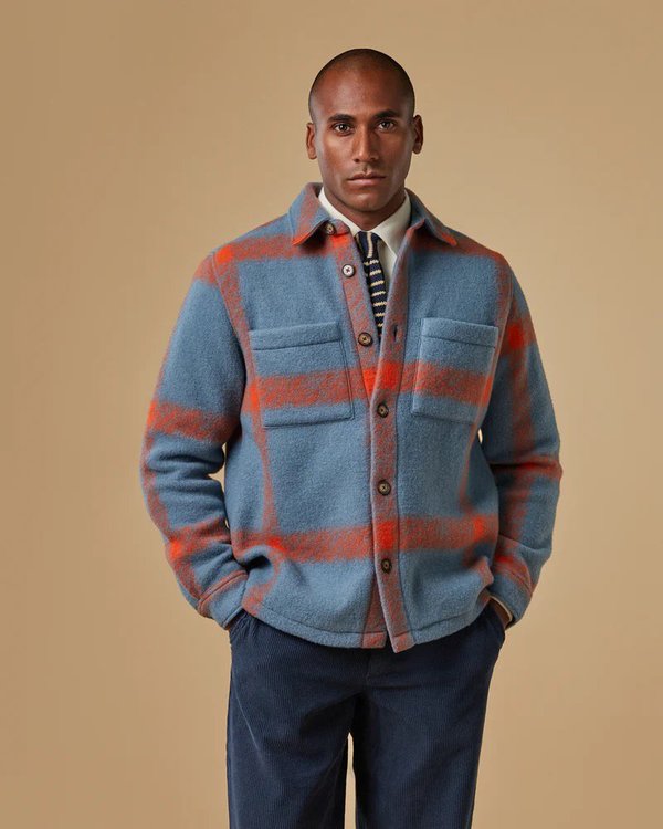 Portuguese Flannel Plaid Fleece Overshirt Blue/Orange Garmentory