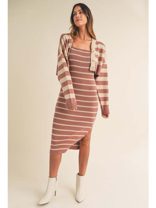 Mable Jesse Crop Cardigan And Sleveless Dress Set Red Bean Multi