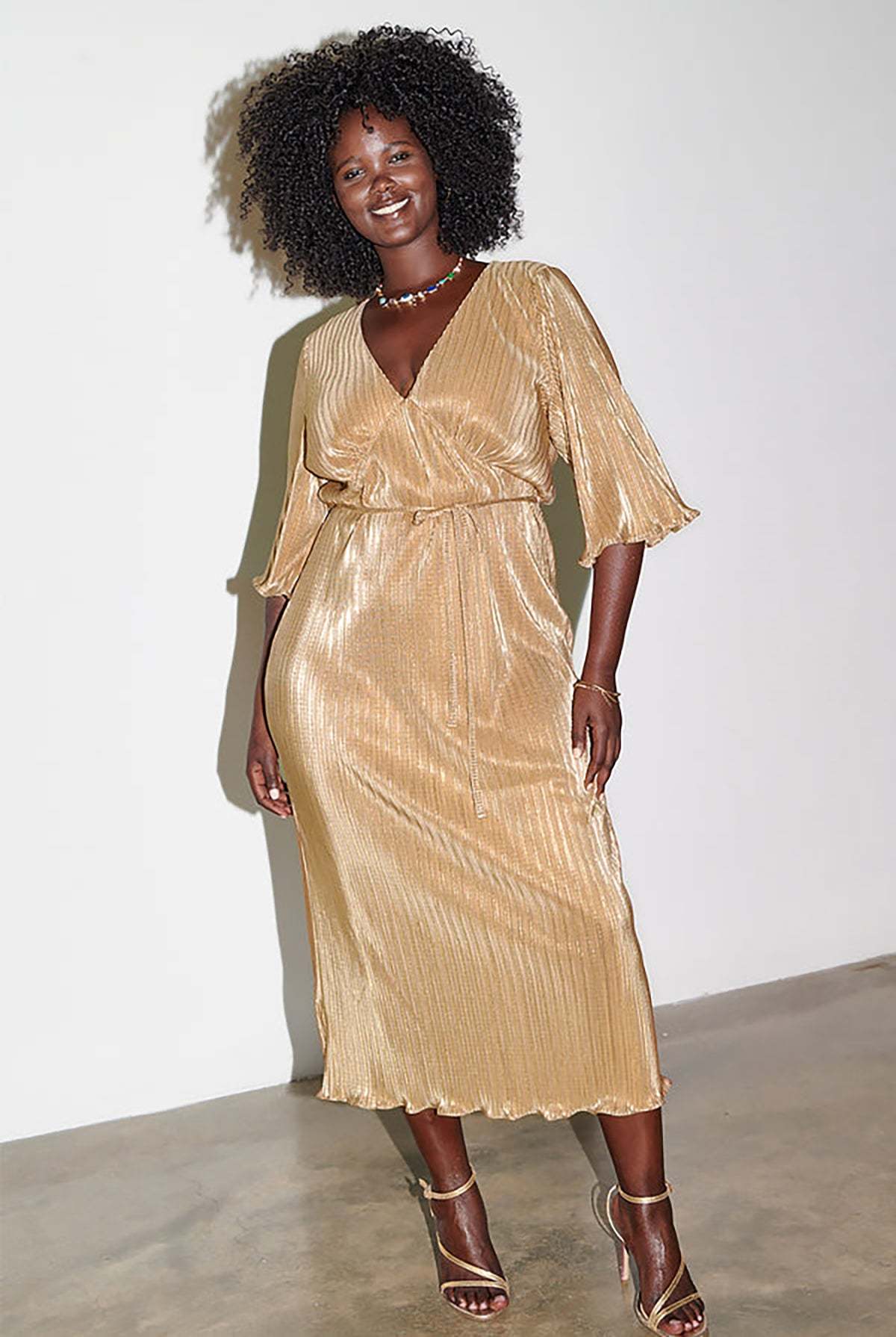 green emerald velvet dress Chi Chi London Women's Long Sleeve Glitter Plisse Wrap Midi Dress in Gold