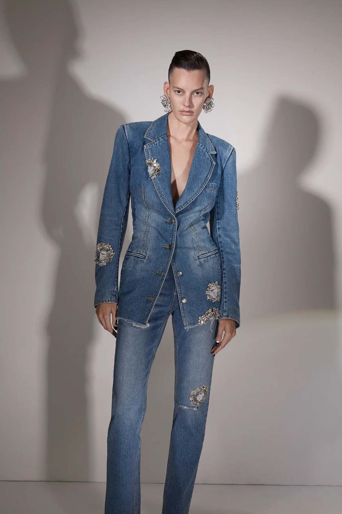 Area Distressed Crystal Blazer Dress - Light Indigo | Garmentory Area Distressed Crystal Blazer Dress - Light Indigo | Garmentory