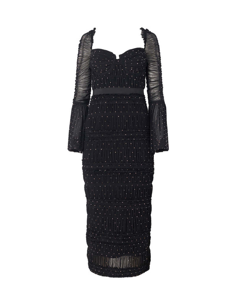 Self-Portrait Mesh Rhinestone Midi Dress - Black | Garmentory Self-Portrait Mesh Rhinestone Midi Dress - Black | Garmentory