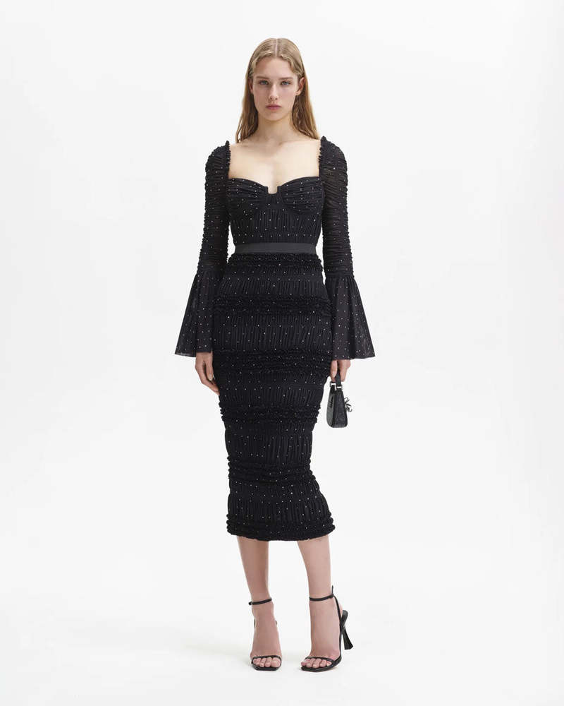 Self-Portrait Mesh Rhinestone Midi Dress - Black | Garmentory