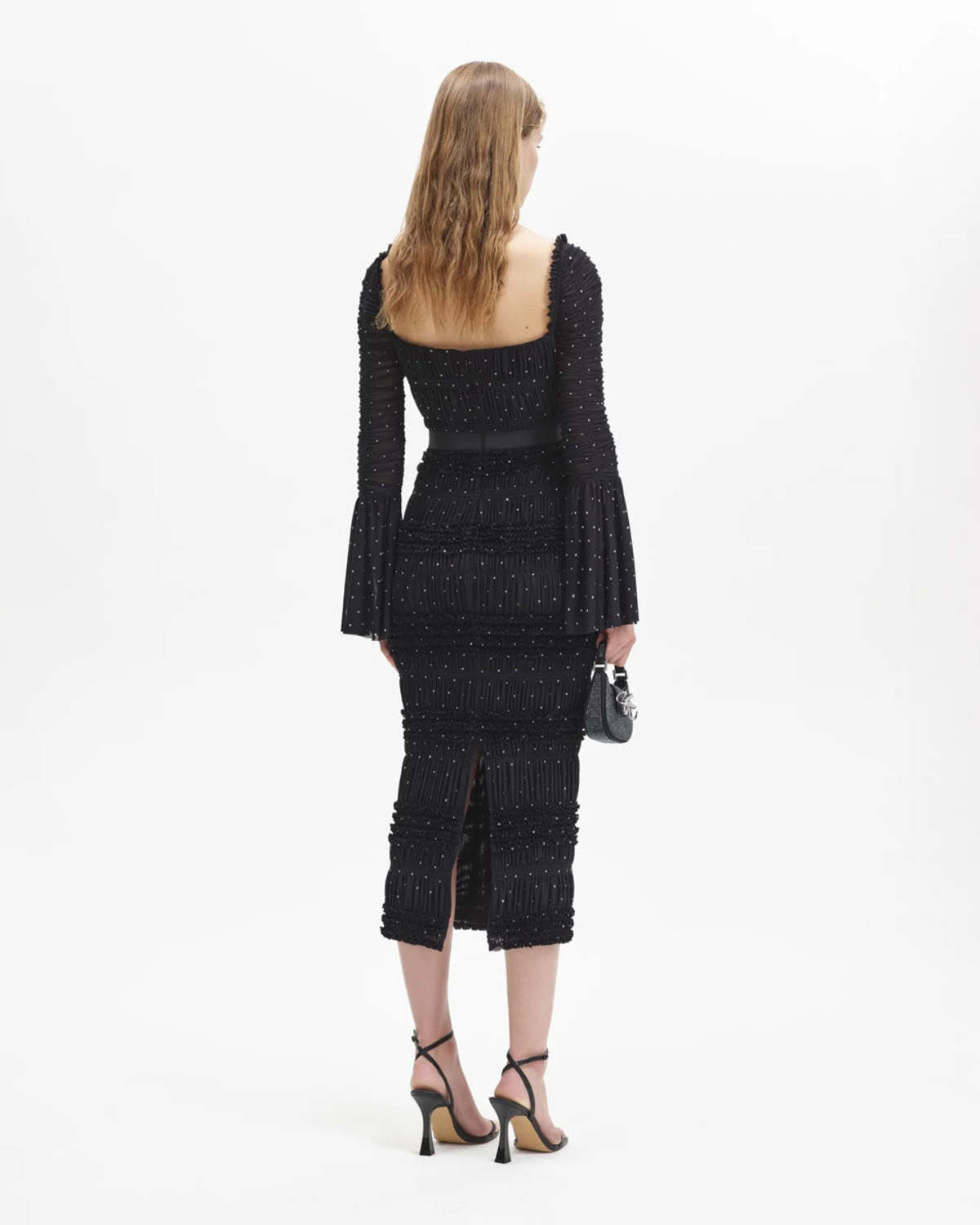 knee length dresses for ladies Gunmetal Rhinestone Mesh Midi Dress  self-portrait