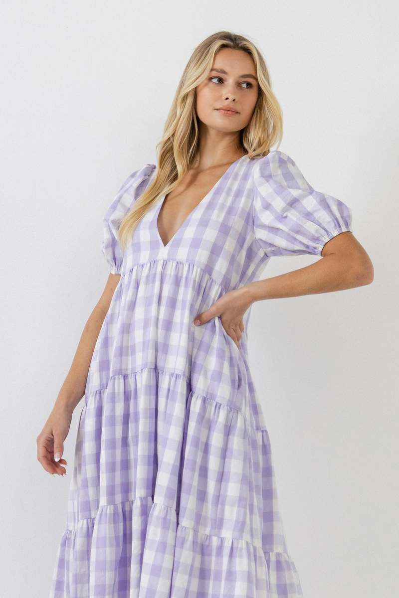 open lace back dress INDIANA SHORT DRESS GINGHAM LAVENDER / SEQUINS  Amanda Jean NYC