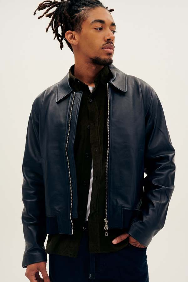Officine Generale Charles Italian Lamb Leather Jacket - Dark Navy