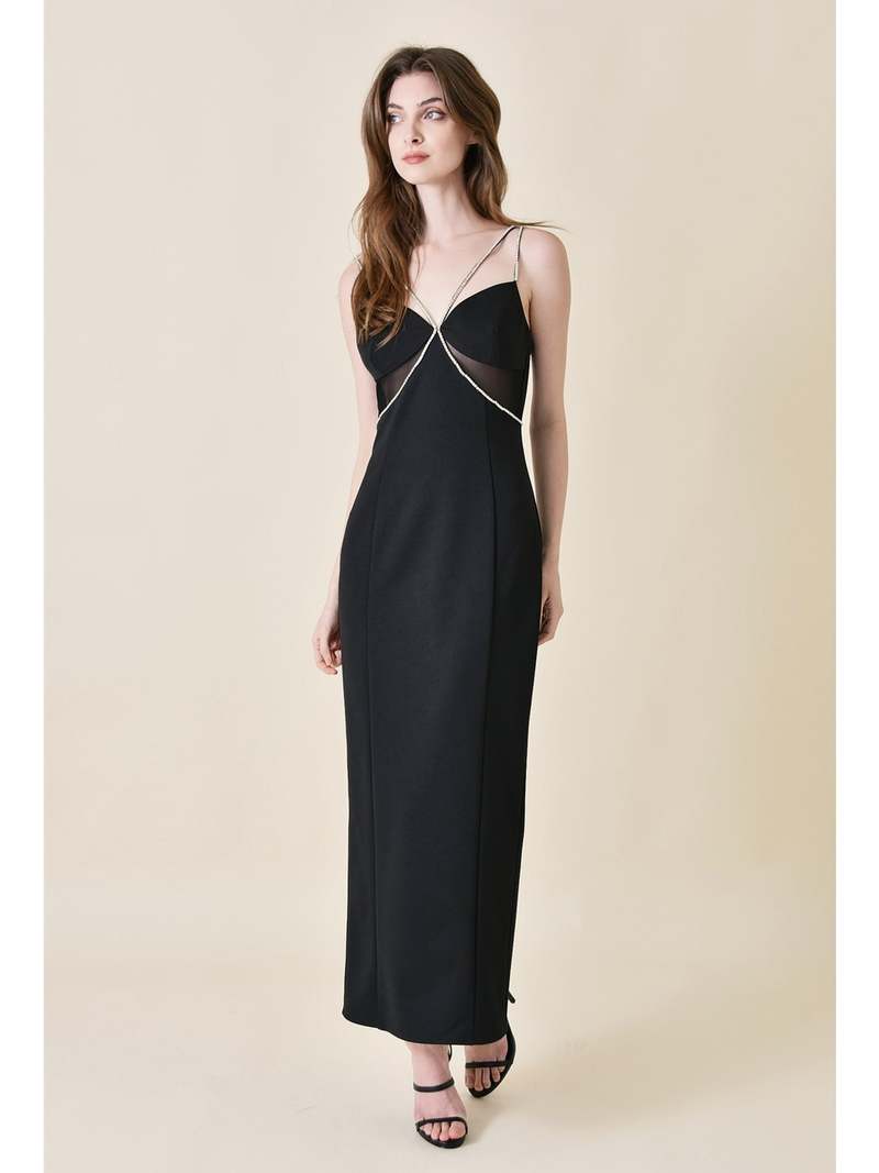 Fore Collection Braxton Crystal Strap Nylon Ponte Dress - Black | Garmentory