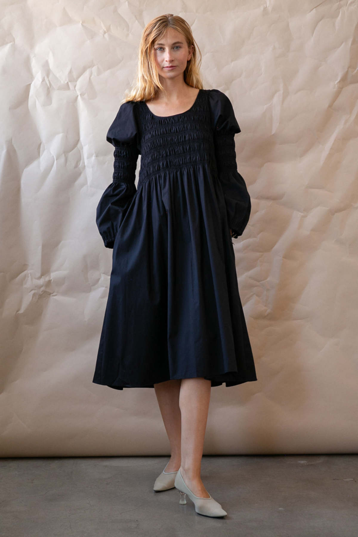 knee length dresses for ladies Rosaly Bow Irene Smocked Midi Dress Black-White / S by Sugarlips main image 1
