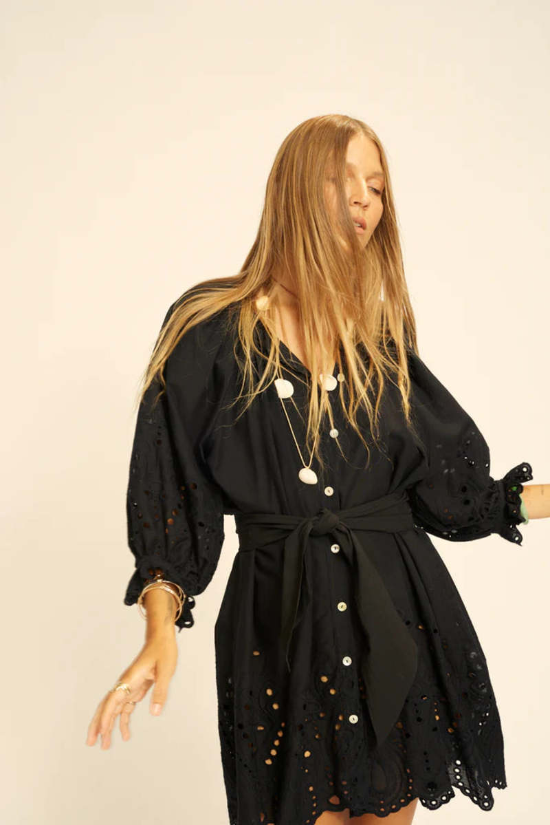Natalie Martin Alex Short Dress - Tangier Border Embroidery Nero |  Garmentory