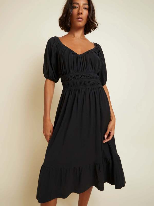 Nation Ltd Fabia Shirred Midi Dress - Black | Garmentory