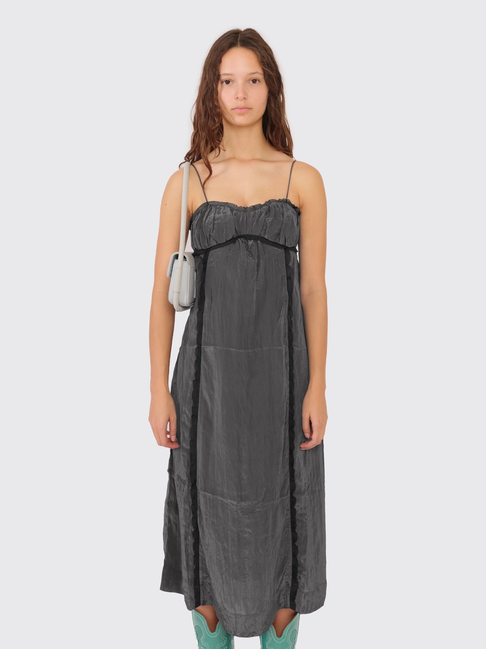 ganni shiny tech strap midi dress GANNI Women's Shiny Tech Strap Midi Dress in Grey Pinstripe GANNI