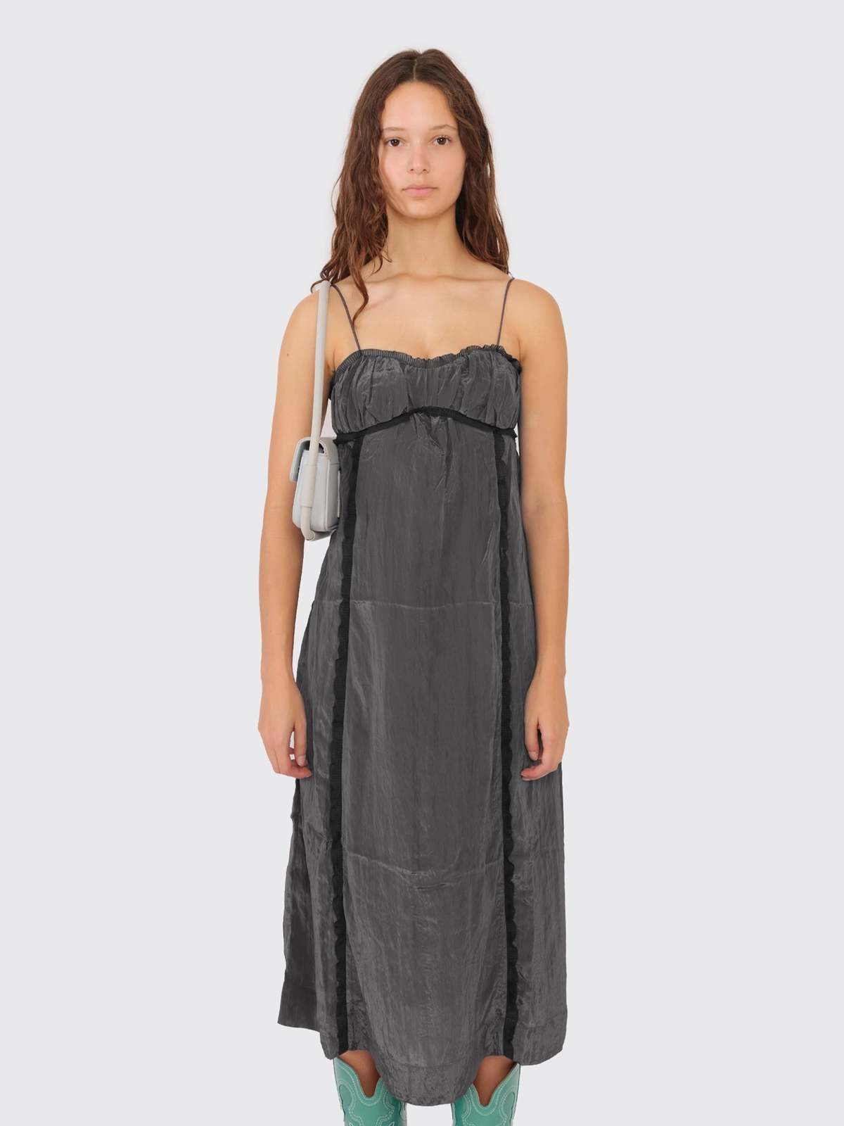 knee length dresses for ladies GANNI BLACK STRECH COTTON TIE STRAP MIDI DRESS