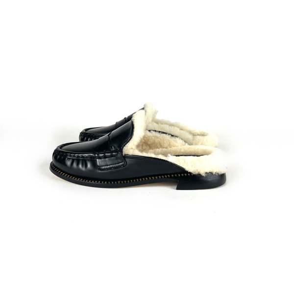 Freda Salvador Temi Shearling Penny Loafer Mule - Black | Garmentory