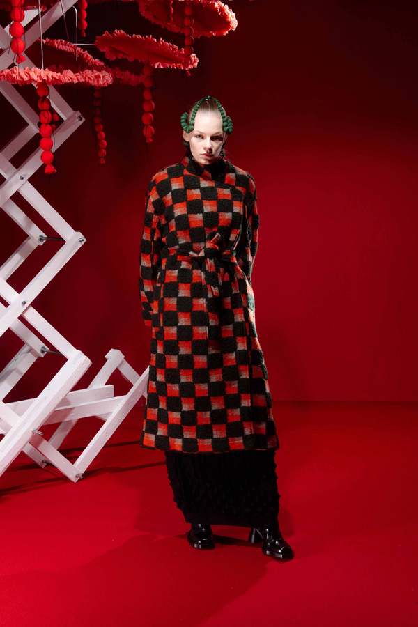 Henrik Vibskov MIDNIGHT COAT - GREEN/ORANGE TEDDY CHECKS | Garmentory