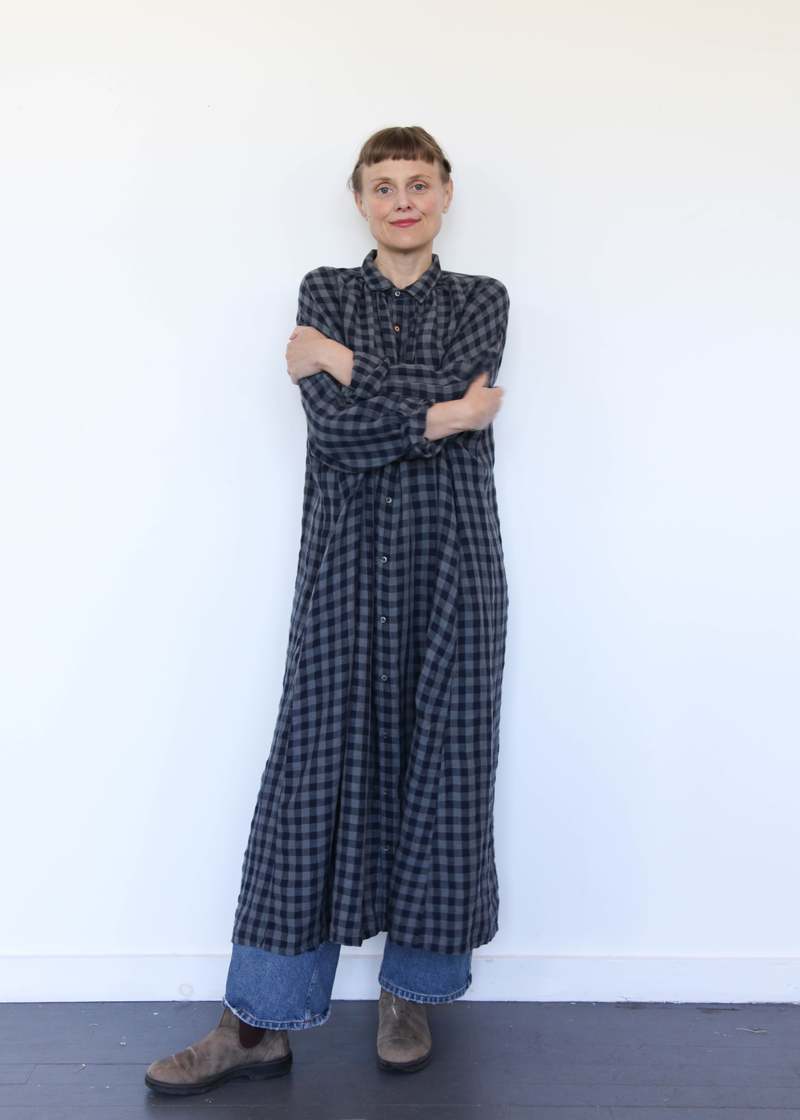 ICHI ANTIQUITES AZUMADAKI Linen Gingham Dress Charcoal Garmentory