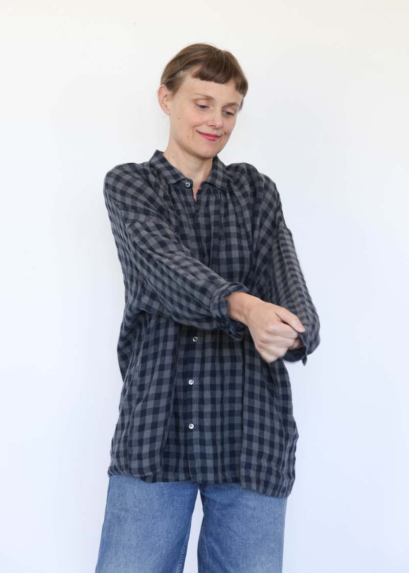 ICHI ANTIQUITES AZUMADAKI Linen Gingham Shirt - Charcoal | Garmentory 