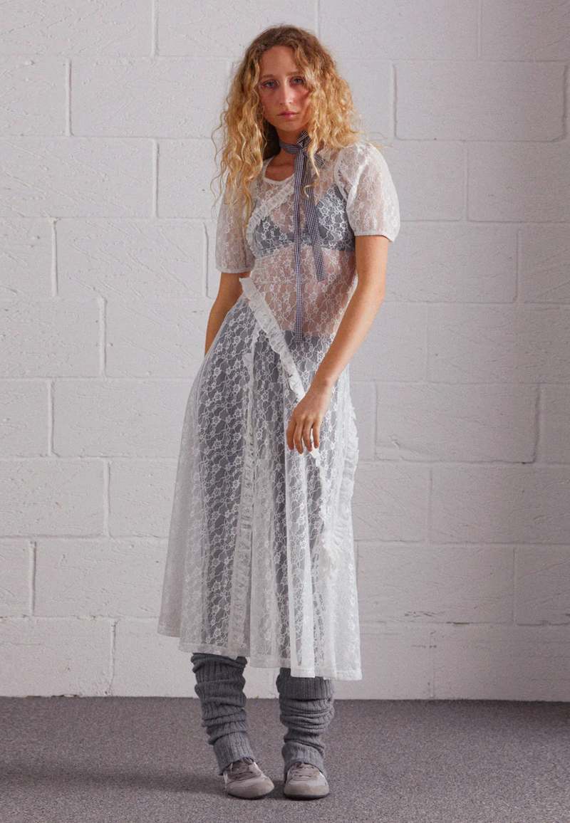 Flower Lace Midi Dress - White Flower Lace Midi Dress - White