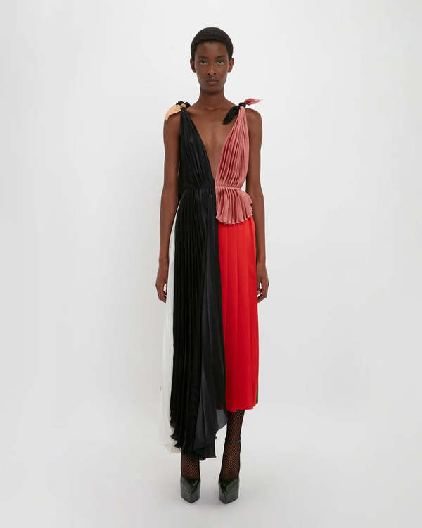 Victoria Beckham Asymmetric Pleated V-Neck Dress - Black Multi | Garmentory Victoria Beckham Asymmetric Pleated V-Neck Dress - Black Multi | Garmentory