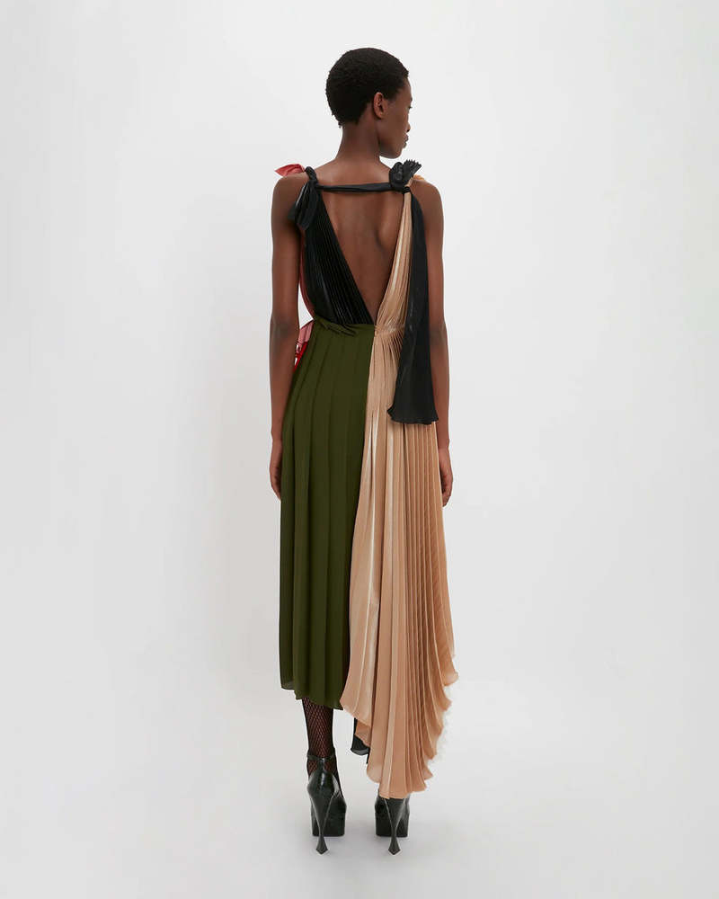 victoria beckham pleated dress Draped pleated ribbed-knit and crepe midi dress - baby pink
