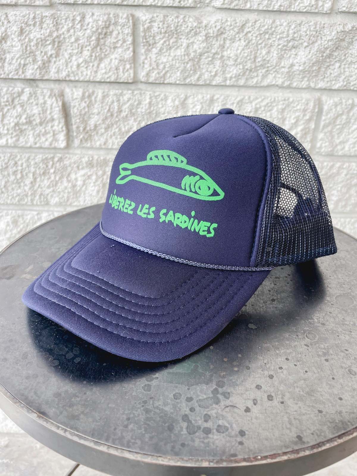 Clare V. Liberer Les Sardines Navy Trucker Hat with Teal Fish Graphic Sky blue sardine hat – Emry boutique main image 3