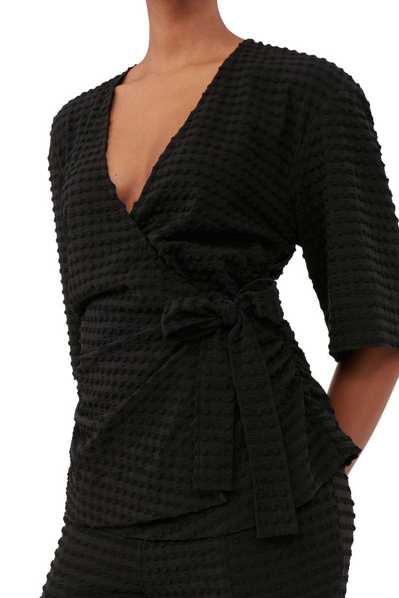 Ganni Stretch Seersucker Wrap Blouse - Black | Garmentory