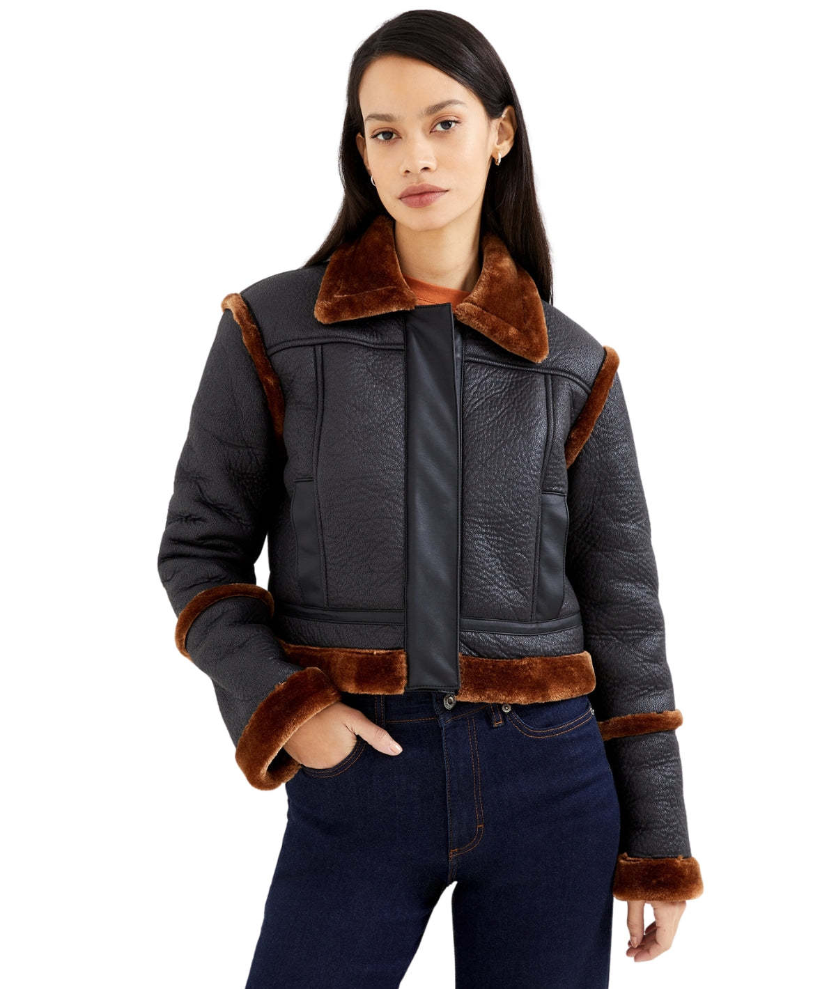 French Connection Belen Faux Fur Long Sleeve Crop Jacket Black