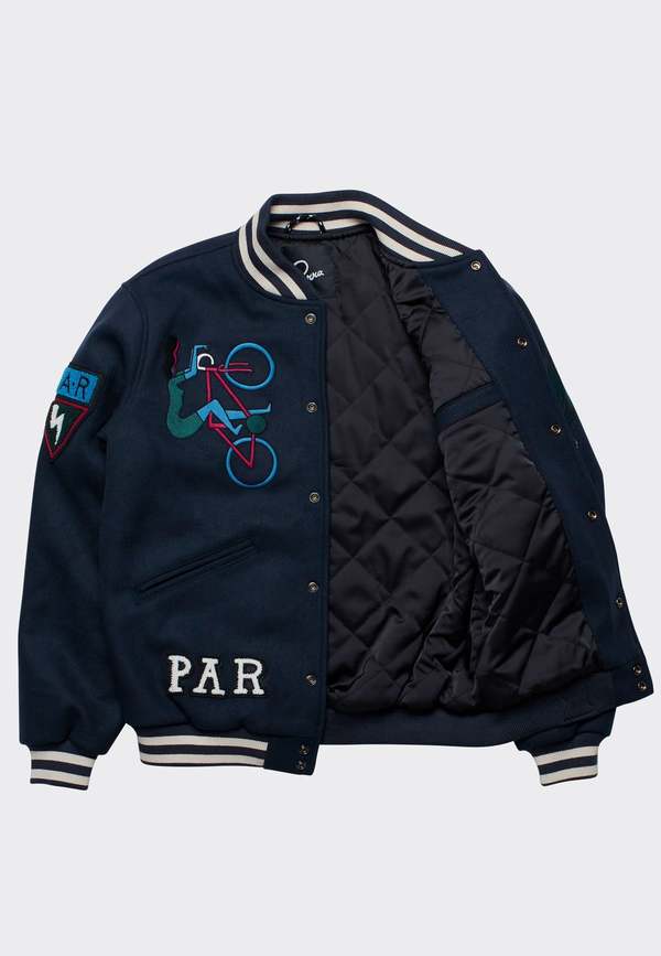 BY PARRA Run Sit & Bike Varsity Jacket - Navy Blue | Garmentory