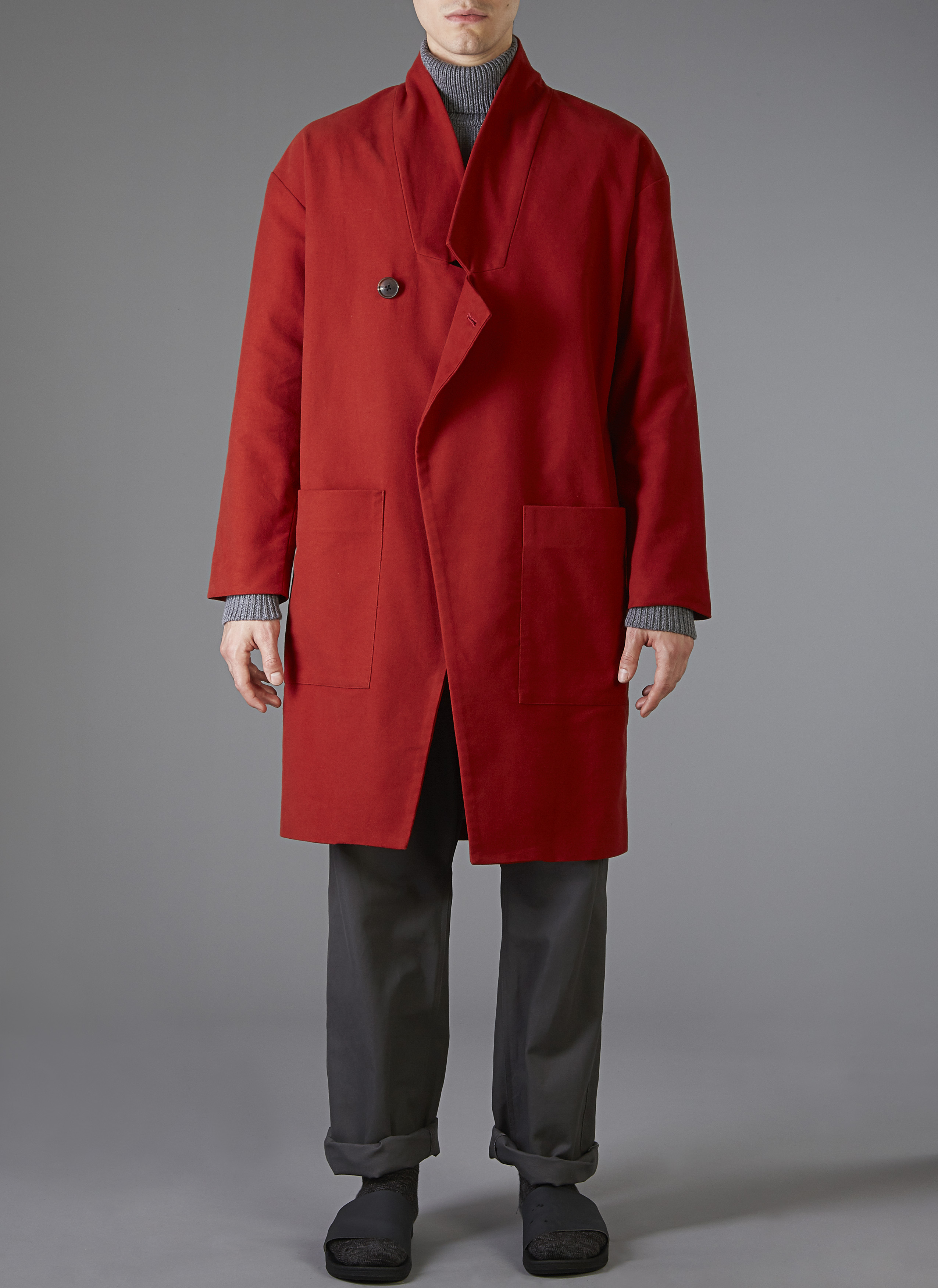 Grei Moleskin Crossover Overcoat In Rust Garmentory