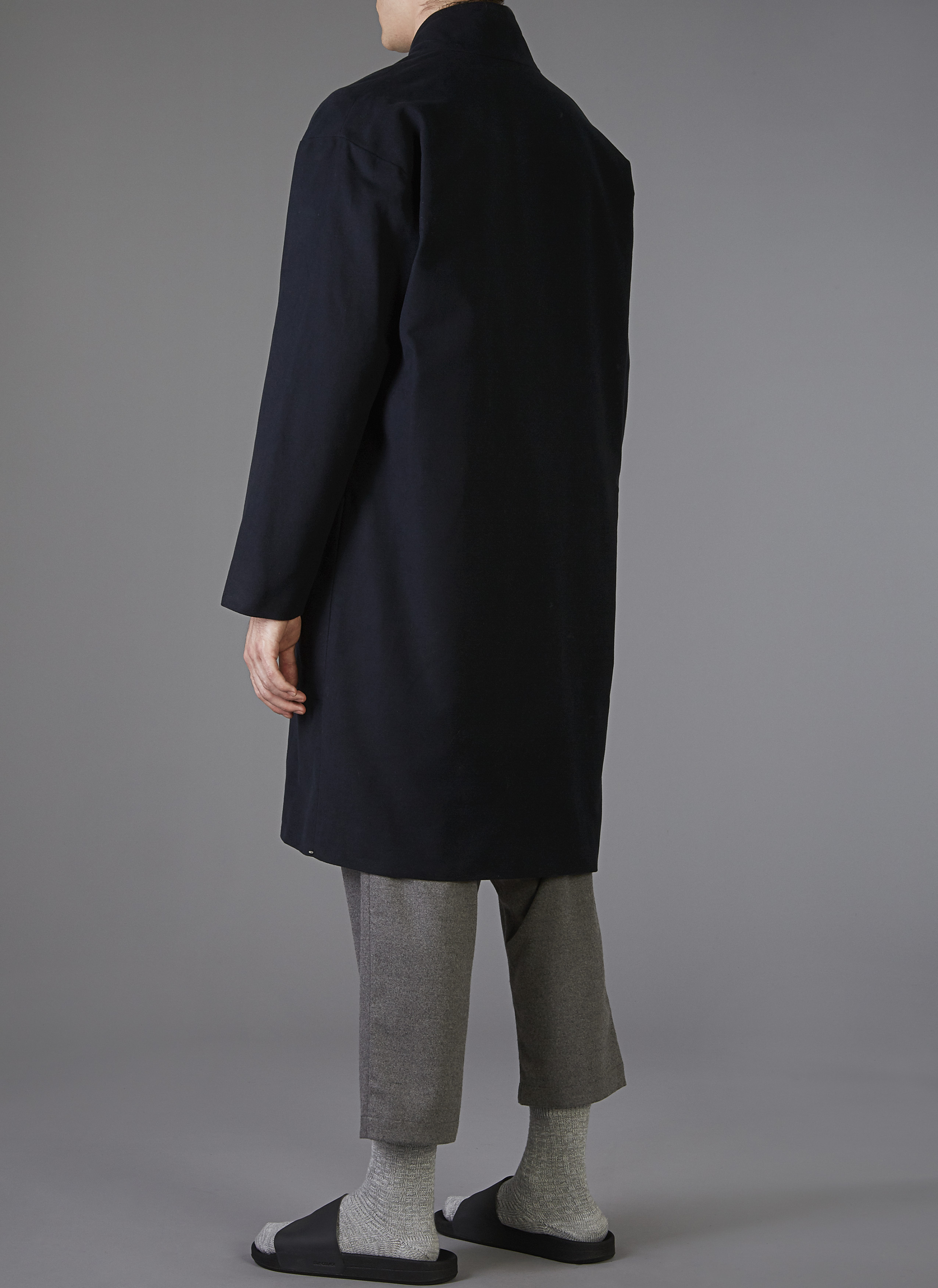 GREI. Moleskin Crossover Overcoat In Black Garmentory