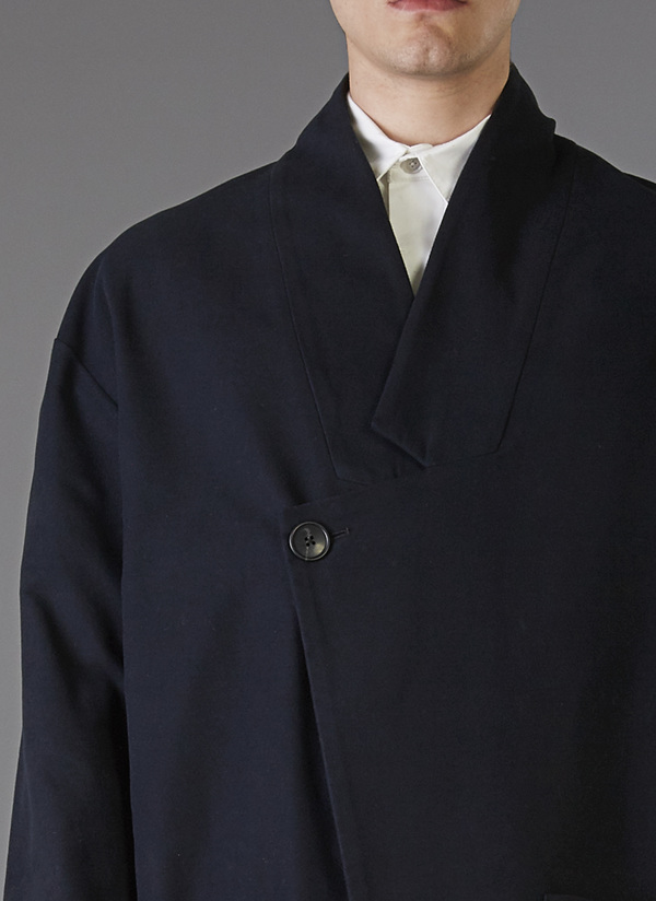 GREI. Moleskin Crossover Overcoat In Black Garmentory