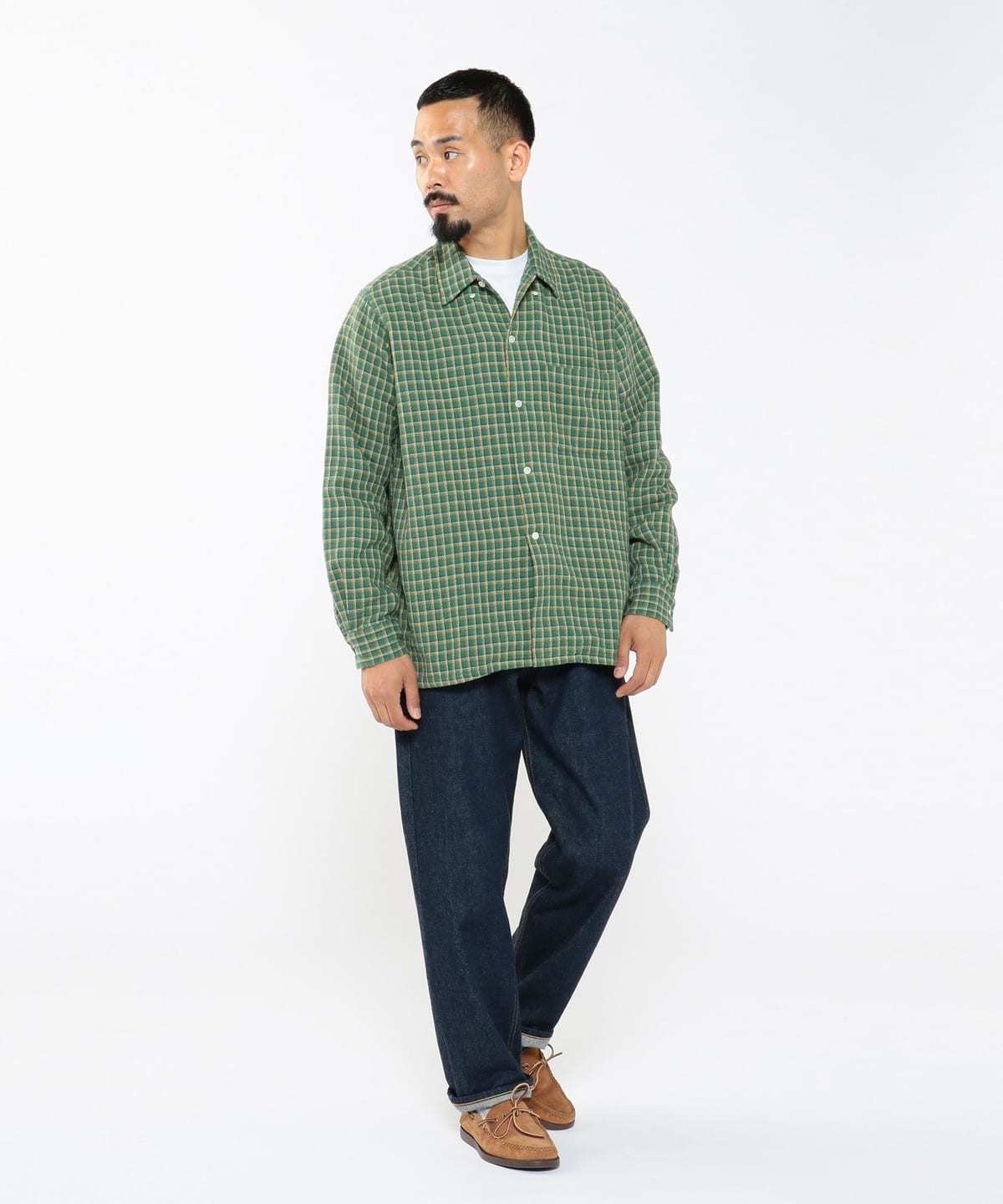 Beams Plus Double Gauze Check Open Collar Button Down Shirt