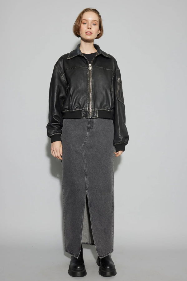 Oval Square Rocker Leather Bomber - Black