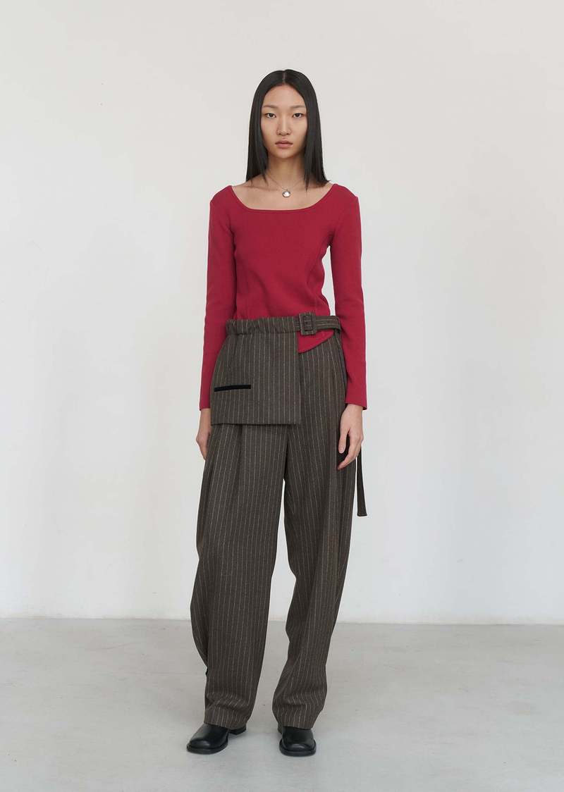 AMOMENTO☆23FW STRIPE BELT SKIRT AMOMENTO Belted Skirt - Brown Stripe | Garmentory
