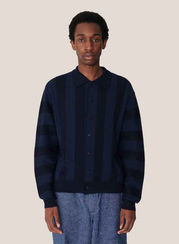 YMC Rat Pack Stripe Pique Wool Cardigan - Navy | Garmentory