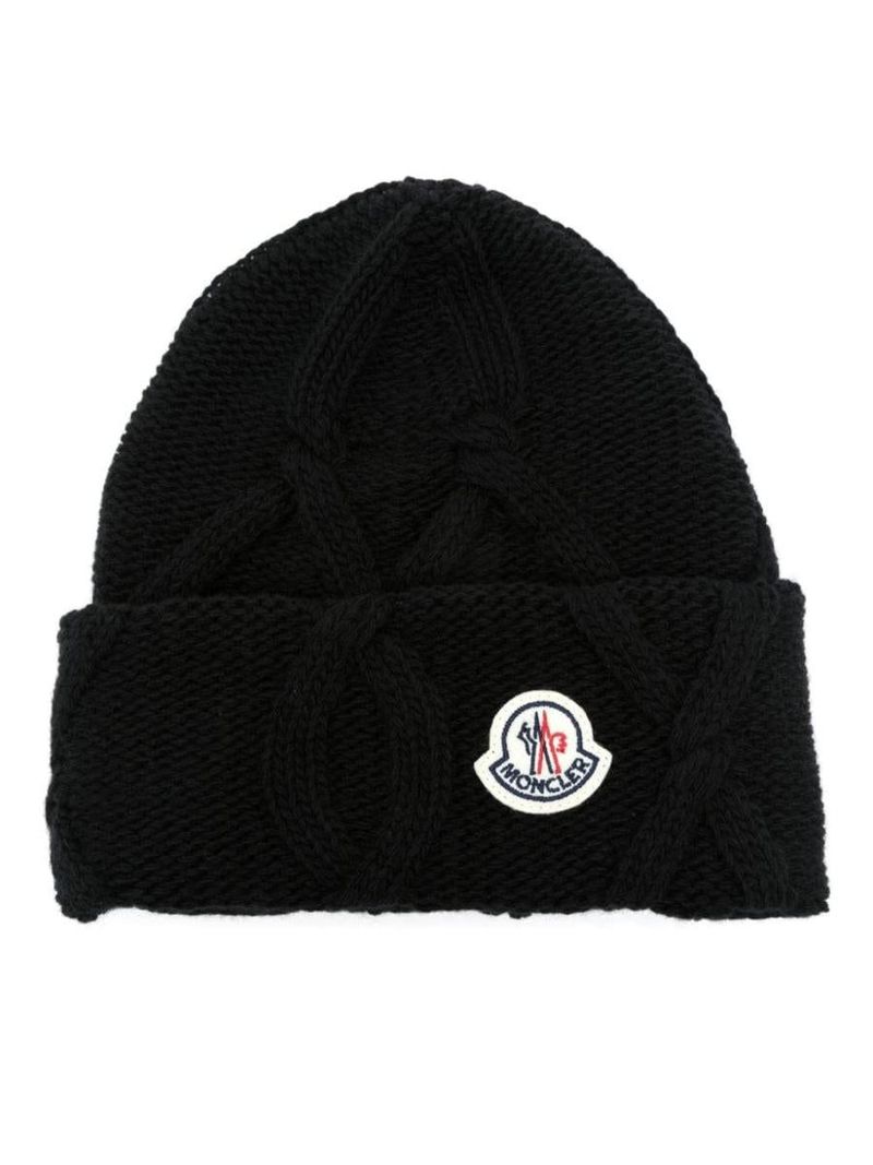 Wool Beanie Moncler Cap Mens Black Moncler Logo-patch Wool Beanie